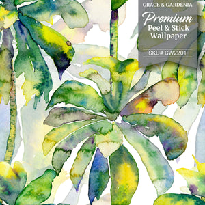 GW2201 Watercolor Palms Peel and Stick Wallpaper Roll 19 inch Wide x 18 ft. Long Green Yellow Blue