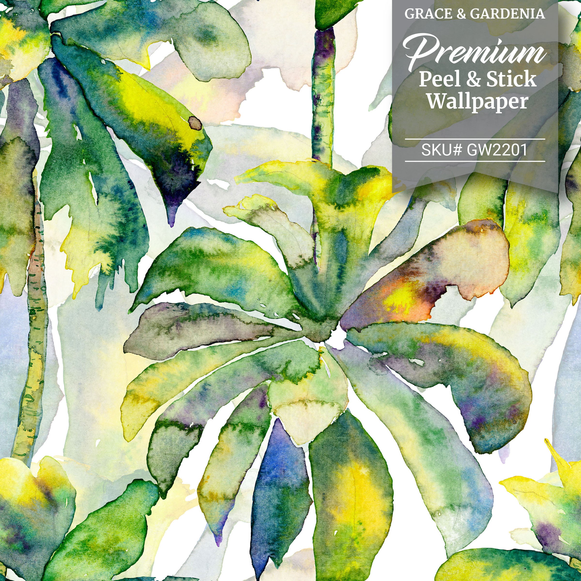 GW2201 Grace & Gardenia Watercolor Palms Peel and Stick Wallpaper Roll 20.5 inch Wide x 18 ft. Long, Green Yellow Blue