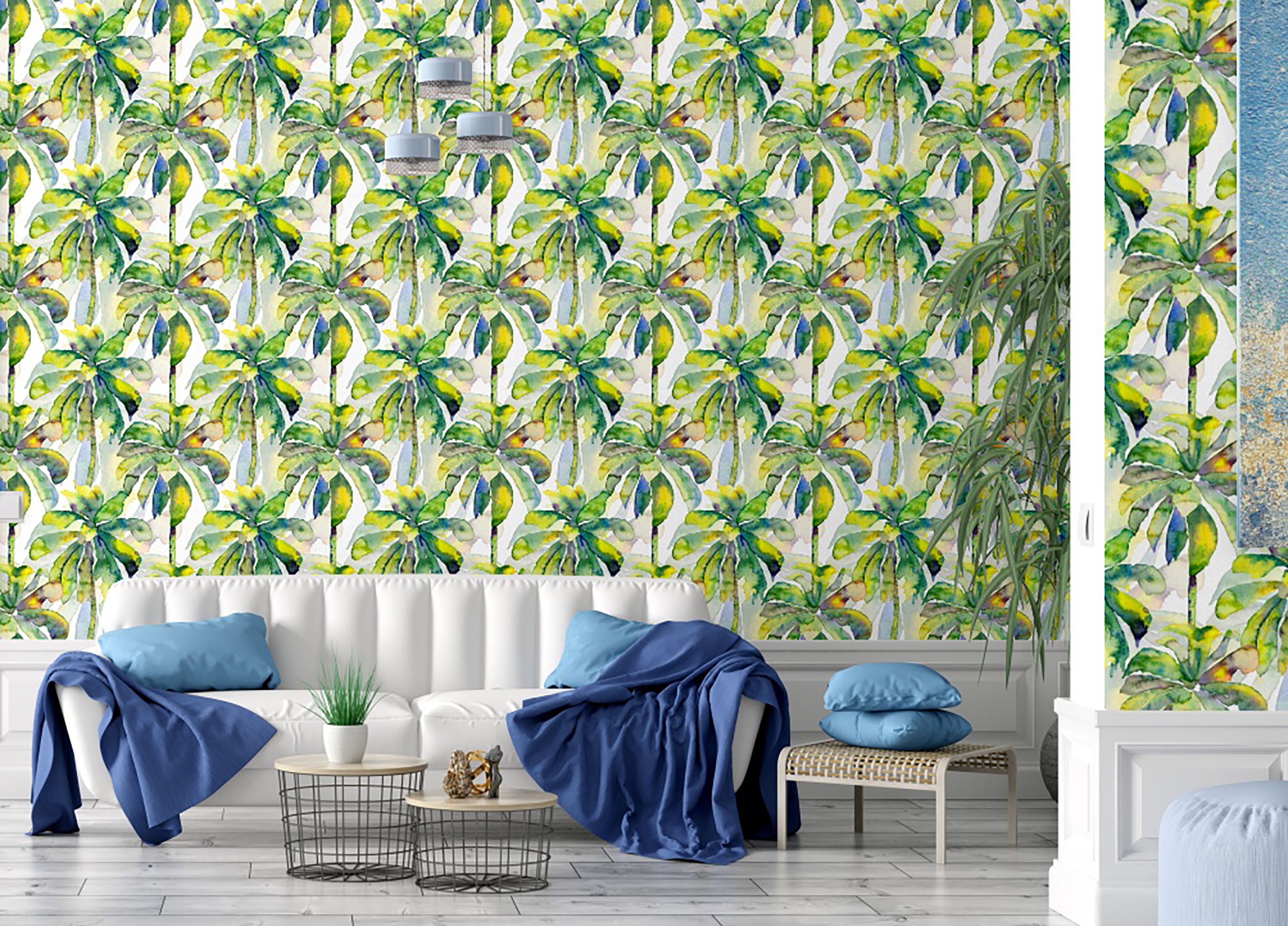 GW2201 Grace & Gardenia Watercolor Palms Peel and Stick Wallpaper Roll 20.5 inch Wide x 18 ft. Long, Green Yellow Blue