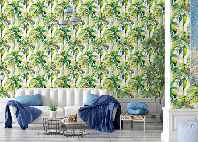 GW2201 Watercolor Palms Peel and Stick Wallpaper Roll 19 inch Wide x 18 ft. Long Green Yellow Blue