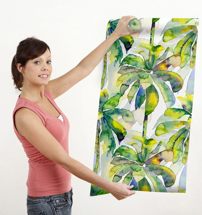 GW2201 Watercolor Palms Peel and Stick Wallpaper Roll 19 inch Wide x 18 ft. Long Green Yellow Blue