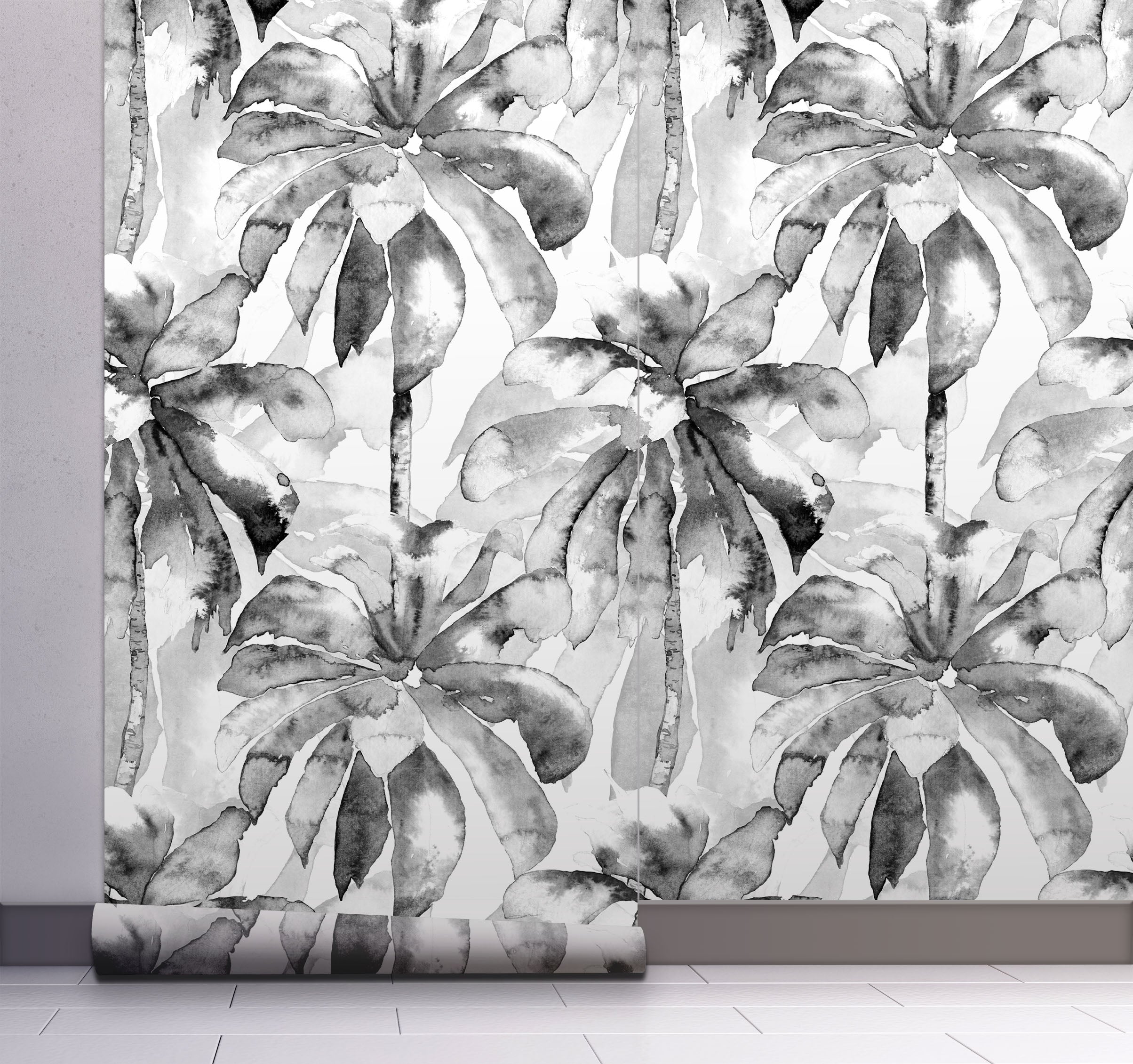 GW2202 Grace & Gardenia Watercolor Palms Peel and Stick Wallpaper Roll 20.5 inch Wide x 18 ft. Long, Gray