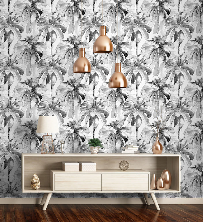 GW2202 Watercolor Palms Peel and Stick Wallpaper Roll 19 inch Wide x 18 ft. Long Gray