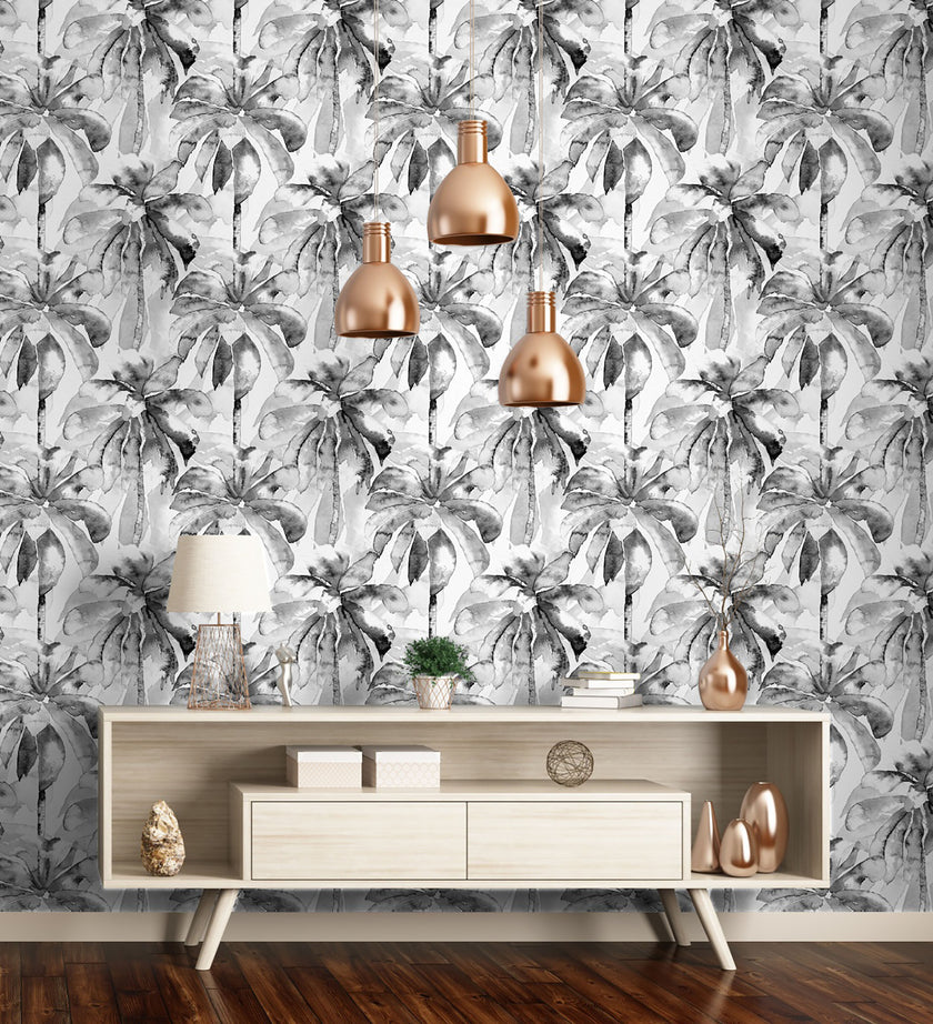 GW2202 Watercolor Palms Peel and Stick Wallpaper Roll 19 inch Wide x 18 ft. Long Gray