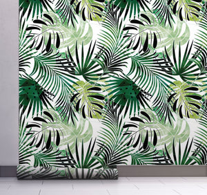 GW2211 Modern Tropical Palm Foliage Peel and Stick Wallpaper Roll 19 inch Wide x 18 ft. Long Green White Black