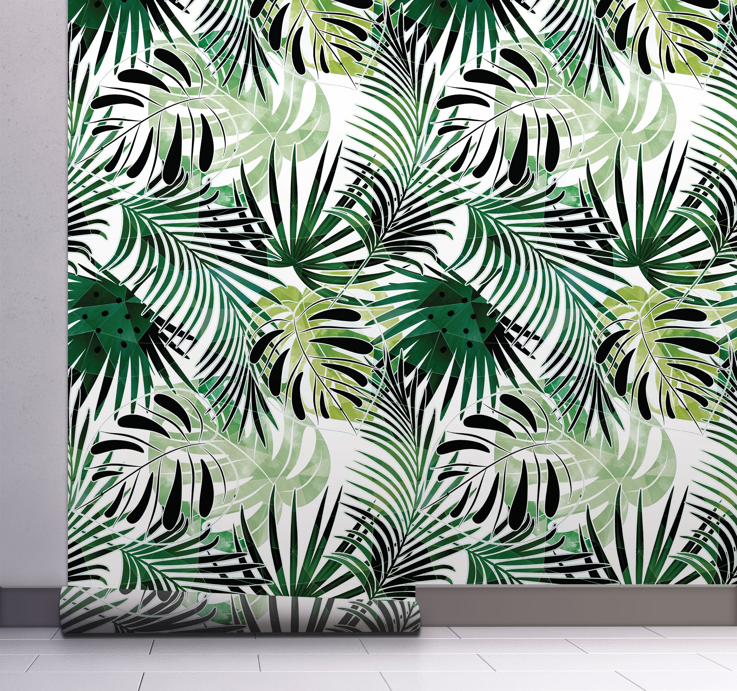 GW2211 Grace & Gardenia Modern Tropical Palm Foliage Peel and Stick Wallpaper Roll 20.5 inch Wide x 18 ft. Long, Green White Black