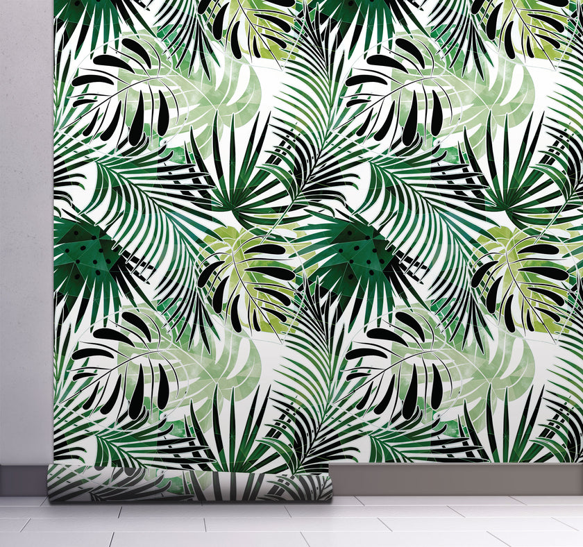 GW2211 Modern Tropical Palm Foliage Peel and Stick Wallpaper Roll 19 inch Wide x 18 ft. Long Green White Black