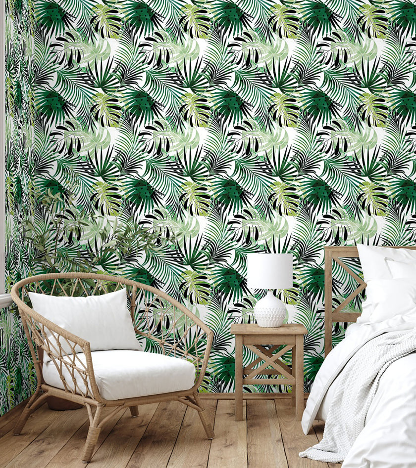 GW2211 Modern Tropical Palm Foliage Peel and Stick Wallpaper Roll 19 inch Wide x 18 ft. Long Green White Black