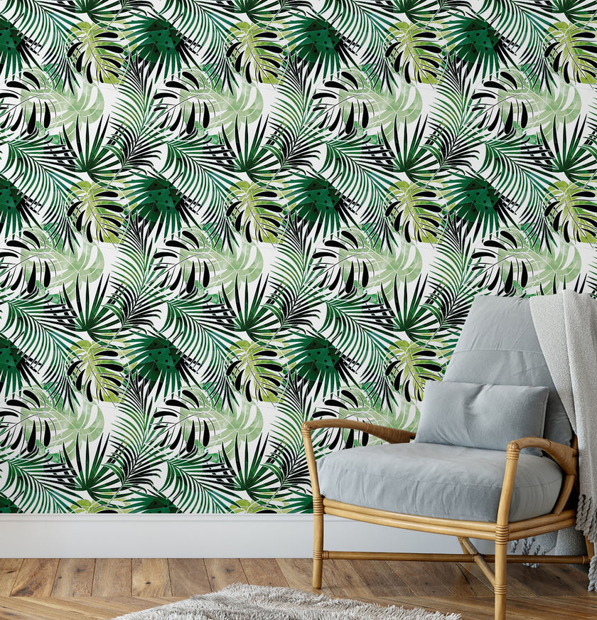 GW2211 Modern Tropical Palm Foliage Peel and Stick Wallpaper Roll 19 inch Wide x 18 ft. Long Green White Black