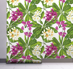 GW2221 Grace & Gardenia Tropical Plumeria Peel and Stick Wallpaper Roll 19 inch x 18 ft. Long Green White Pink