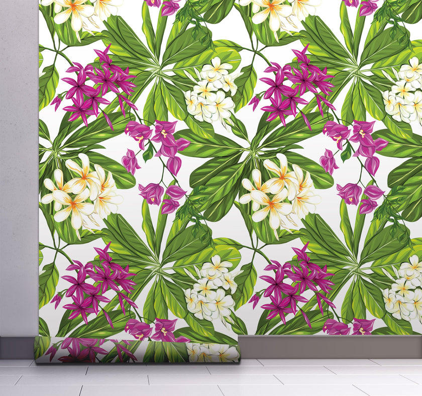 GW2221 Grace & Gardenia Tropical Plumeria Peel and Stick Wallpaper Roll 19 inch x 18 ft. Long Green White Pink