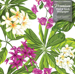 GW2221 Grace & Gardenia Tropical Plumeria Peel and Stick Wallpaper Roll 20.5 inch x 18 ft. Long Green White Pink