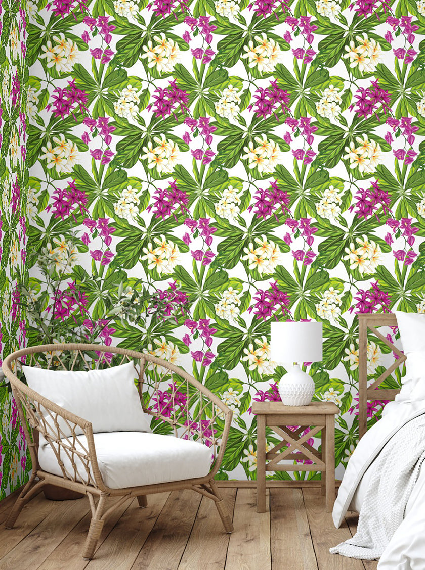 GW2221 Grace & Gardenia Tropical Plumeria Peel and Stick Wallpaper Roll 19 inch x 18 ft. Long Green White Pink
