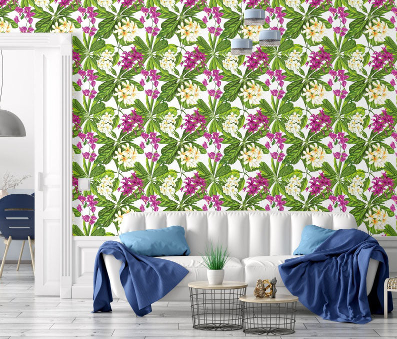 GW2221 Grace & Gardenia Tropical Plumeria Peel and Stick Wallpaper Roll 19 inch x 18 ft. Long Green White Pink