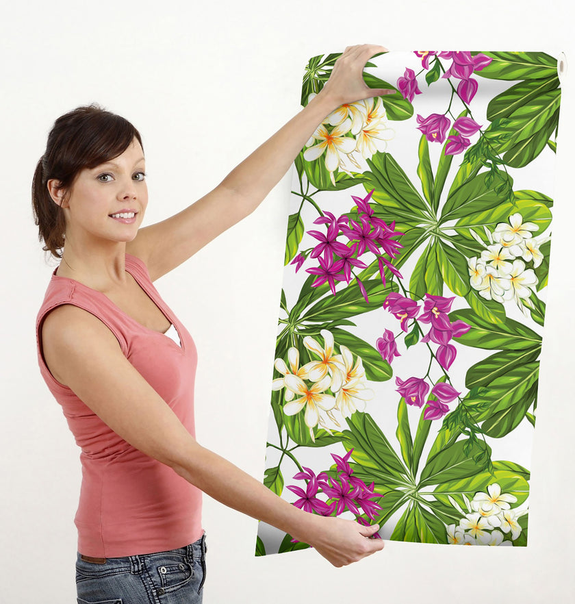 GW2221 Grace & Gardenia Tropical Plumeria Peel and Stick Wallpaper Roll 19 inch x 18 ft. Long Green White Pink