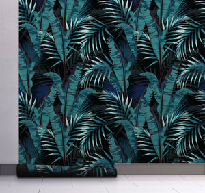 GW2231 Midnight Tropical Banana Forest Peel and Stick Wallpaper Roll 19 inch Wide x 18 ft. Long Blue