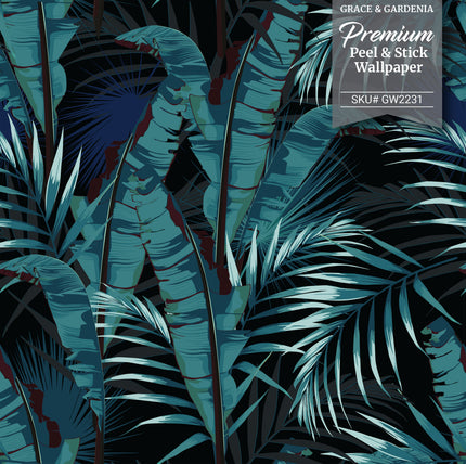 GW2231 Midnight Tropical Banana Forest Peel and Stick Wallpaper Roll 19 inch Wide x 18 ft. Long Blue