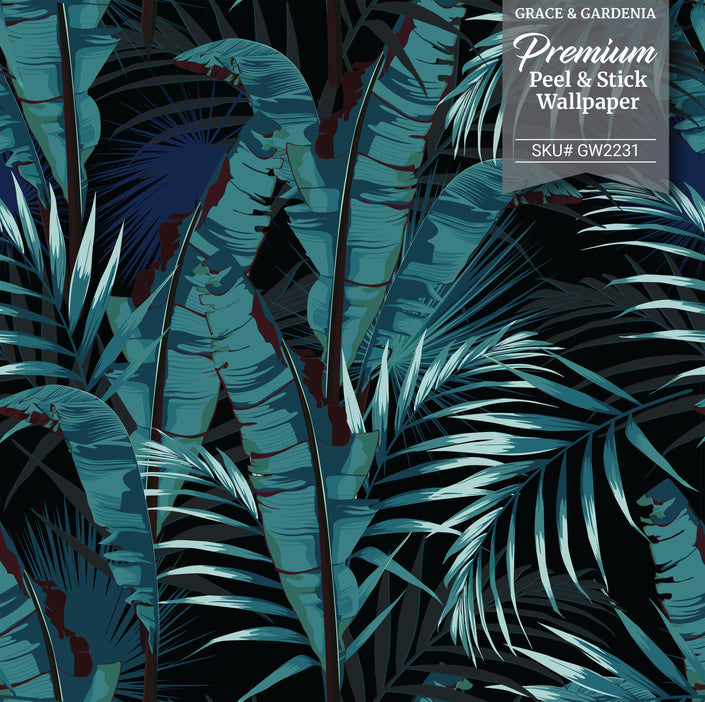 GW2231 Midnight Tropical Banana Forest Peel and Stick Wallpaper Roll 19 inch Wide x 18 ft. Long Blue