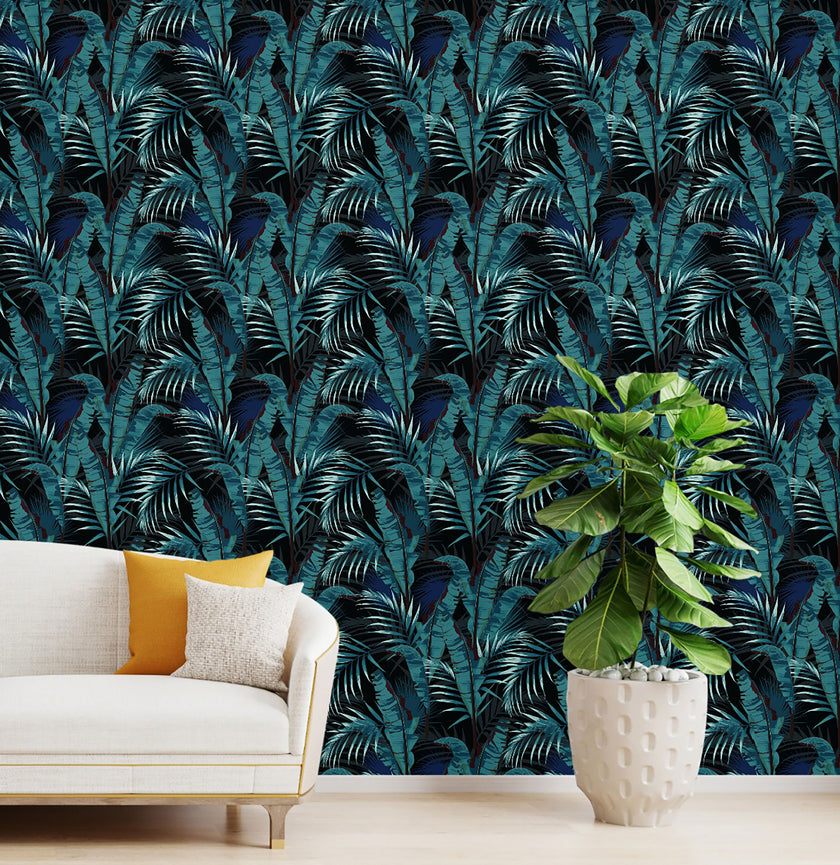 GW2231 Midnight Tropical Banana Forest Peel and Stick Wallpaper Roll 19 inch Wide x 18 ft. Long Blue