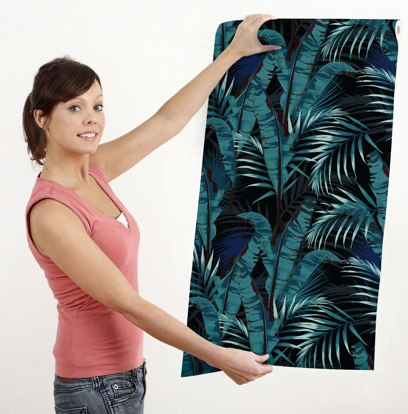 GW2231 Midnight Tropical Banana Forest Peel and Stick Wallpaper Roll 19 inch Wide x 18 ft. Long Blue