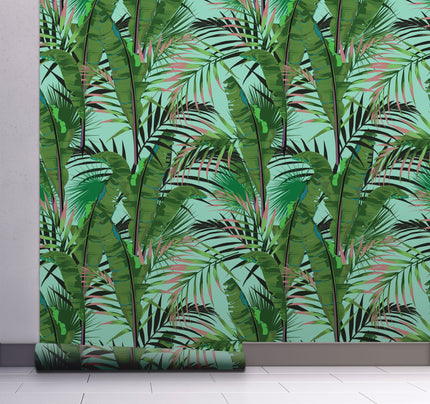 GW2232 Midnight Tropical Banana Forest Peel and Stick Wallpaper Roll 19 inch Wide x 18 ft. Long Aqua