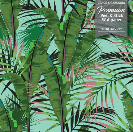 GW2232 Midnight Tropical Banana Forest Peel and Stick Wallpaper Roll 19 inch Wide x 18 ft. Long Aqua