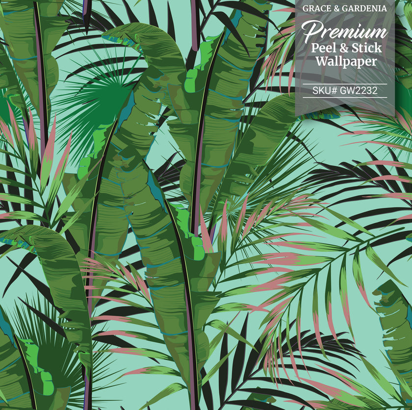 GW2232 Midnight Tropical Banana Forest Peel and Stick Wallpaper Roll 19 inch Wide x 18 ft. Long Aqua