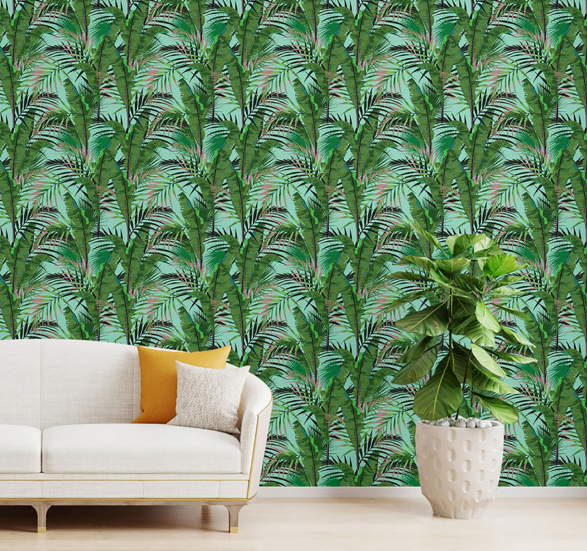 GW2232 Midnight Tropical Banana Forest Peel and Stick Wallpaper Roll 19 inch Wide x 18 ft. Long Aqua