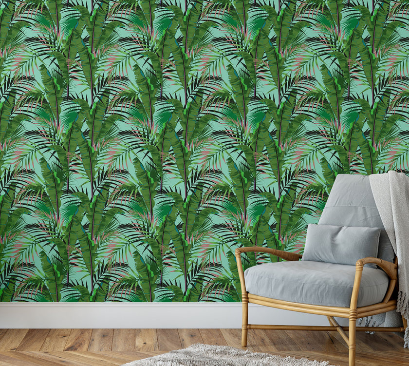 GW2232 Midnight Tropical Banana Forest Peel and Stick Wallpaper Roll 19 inch Wide x 18 ft. Long Aqua