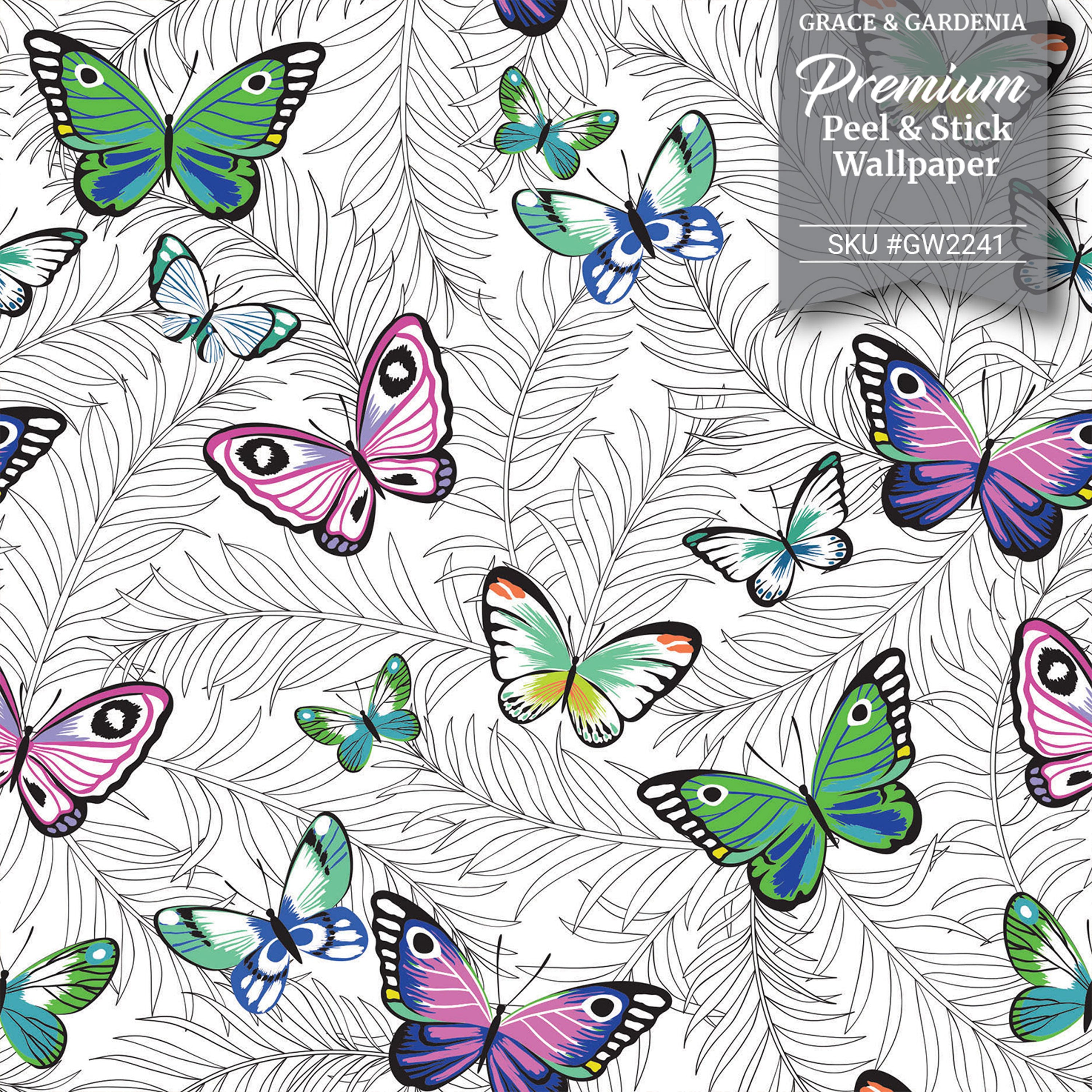 GW2241 Grace & Gardenia Painted Lady Butterflies Peel and Stick Wallpaper Roll 20.5 inch Wide x 18 ft. Long, Green Pink Purple