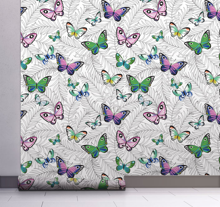 GW2241 Grace & Gardenia Painted Lady Butterflies Peel and Stick Wallpaper Roll 20.5 inch Wide x 18 ft. Long, Green Pink Purple