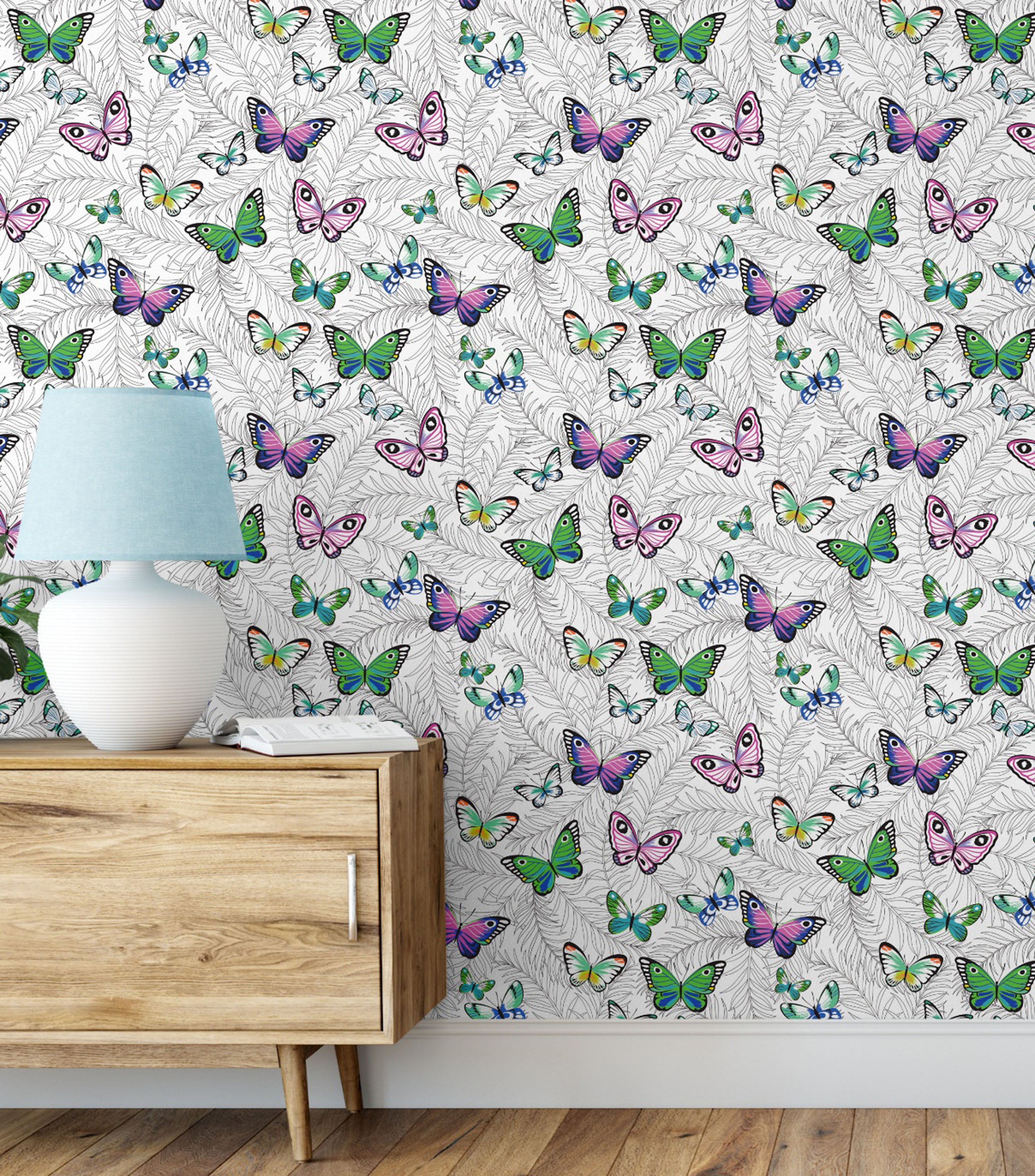 GW2241 Grace & Gardenia Painted Lady Butterflies Peel and Stick Wallpaper Roll 20.5 inch Wide x 18 ft. Long, Green Pink Purple