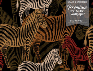 GW3011 Exotic Zebras Peel and Stick Wallpaper Roll 19 inch Wide x 18 ft. Long Red Black Gold Cream