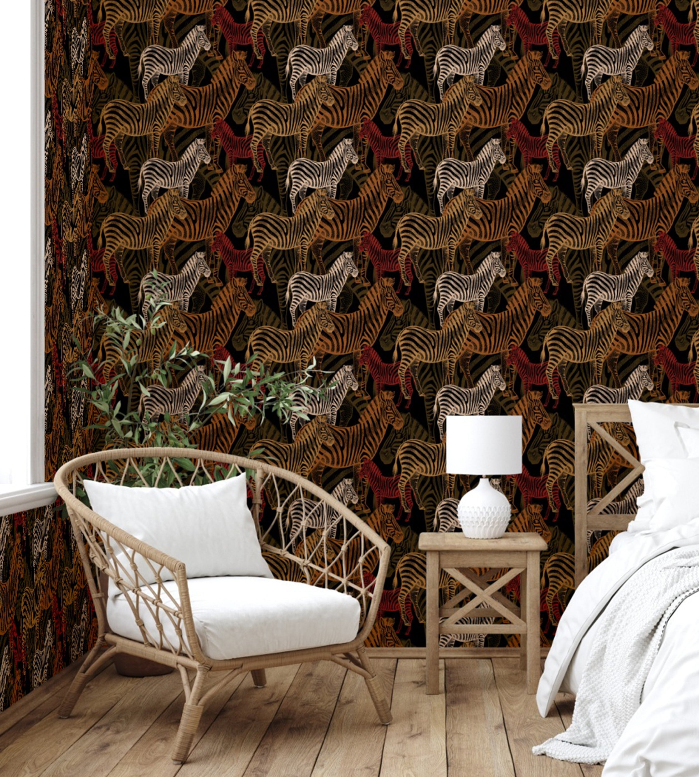 GW3011 Exotic Zebras Peel and Stick Wallpaper Roll 20.5 inch Wide x 18 ft. Long, Red/Black/Gold/Cream