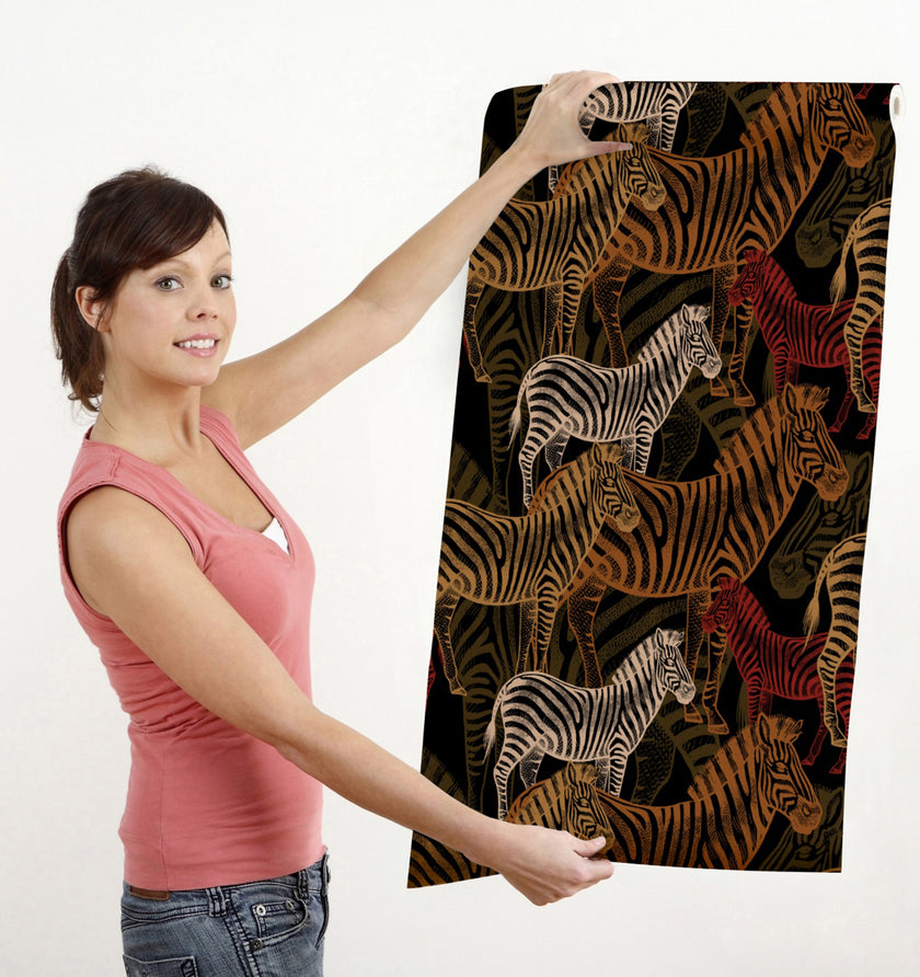 GW3011 Exotic Zebras Peel and Stick Wallpaper Roll 19 inch Wide x 18 ft. Long Red Black Gold Cream