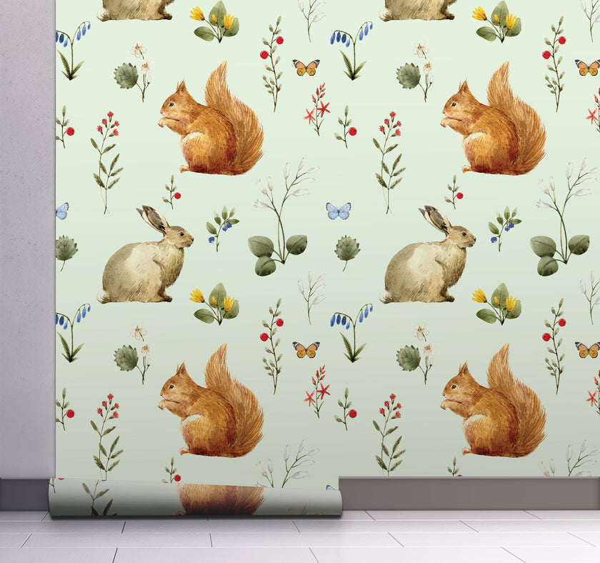 GW3021 Woodland Squirrel & Rabbit Peel and Stick Wallpaper Roll 19 inch Wide x 18 ft. Long Beige Green Gray