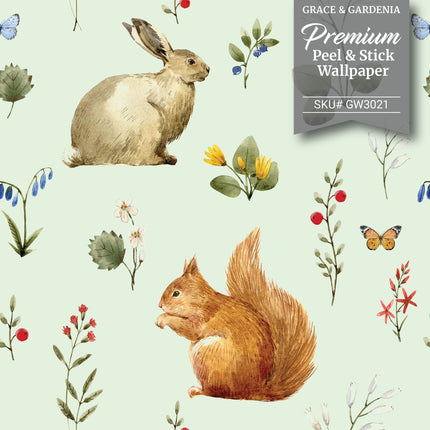 GW3021 Woodland Squirrel & Rabbit Peel and Stick Wallpaper Roll 19 inch Wide x 18 ft. Long Beige Green Gray