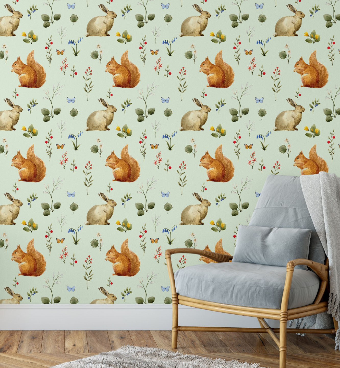 GW3021 Grace & Gardenia Woodland Squirrel & Rabbit Peel and Stick Wallpaper Roll 20.5 inch Wide x 18 ft. Long, Beige Green Gray