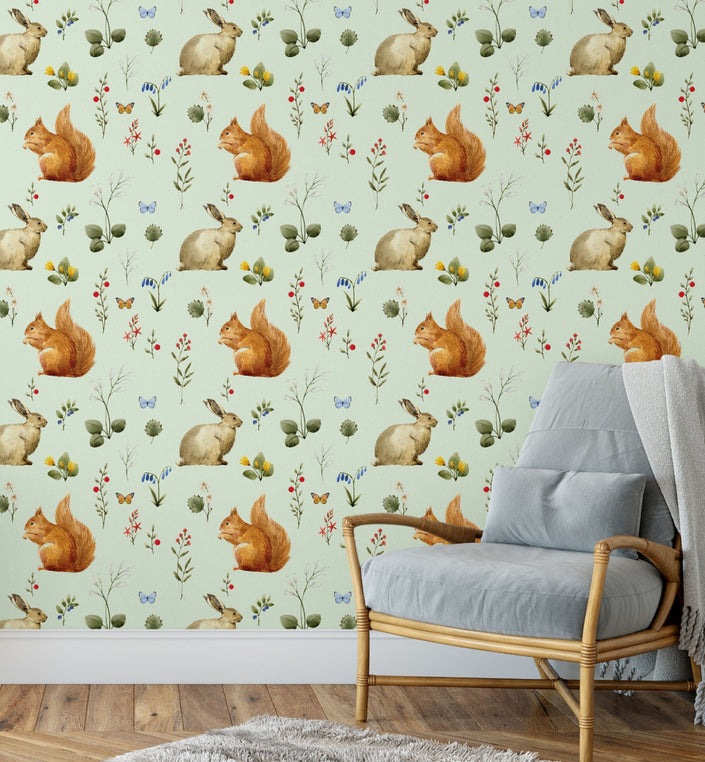GW3021 Woodland Squirrel & Rabbit Peel and Stick Wallpaper Roll 19 inch Wide x 18 ft. Long Beige Green Gray