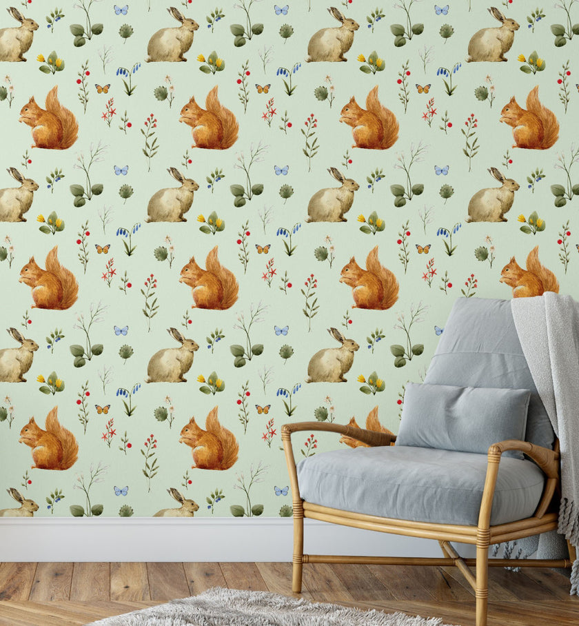 GW3021 Woodland Squirrel & Rabbit Peel and Stick Wallpaper Roll 19 inch Wide x 18 ft. Long Beige Green Gray
