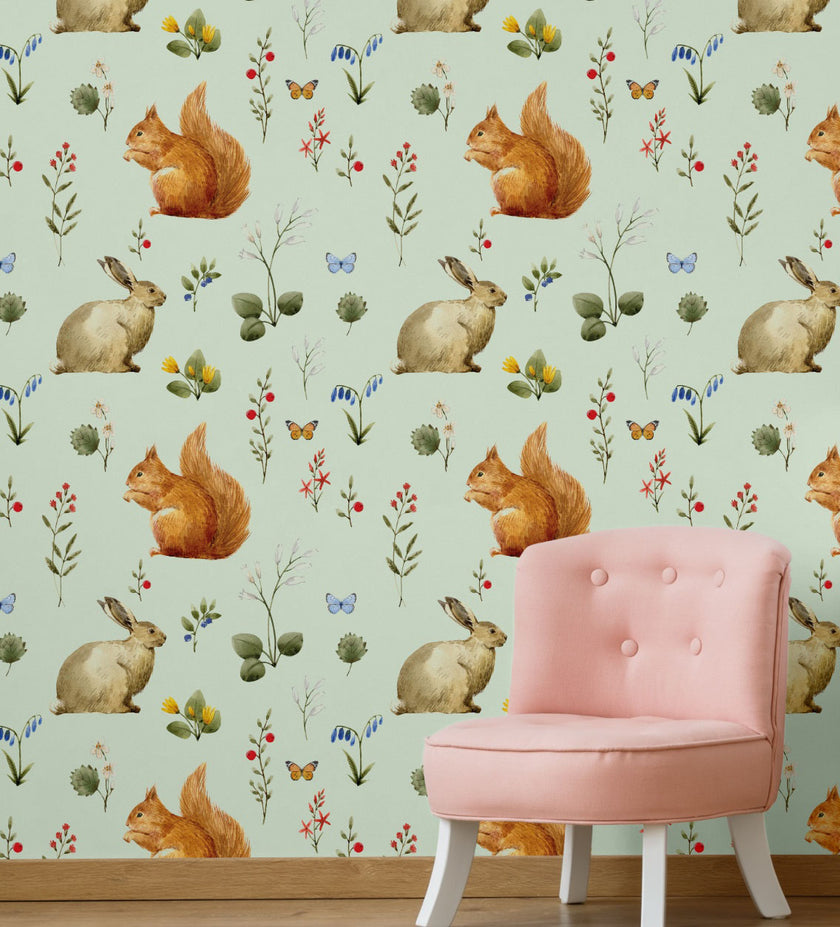 GW3021 Woodland Squirrel & Rabbit Peel and Stick Wallpaper Roll 19 inch Wide x 18 ft. Long Beige Green Gray