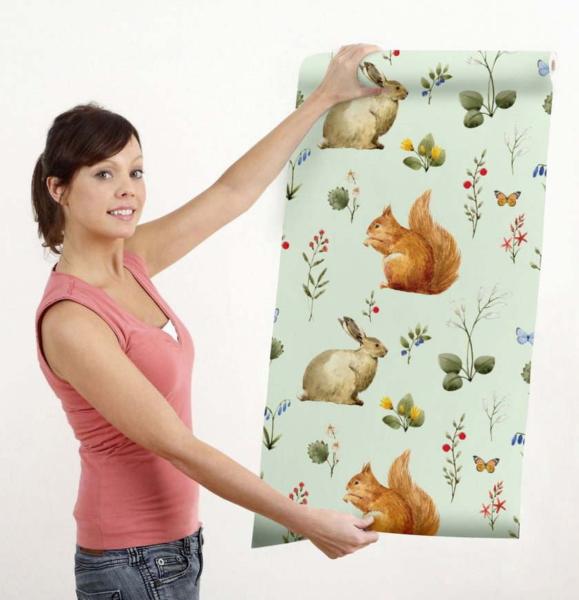 GW3021 Woodland Squirrel & Rabbit Peel and Stick Wallpaper Roll 19 inch Wide x 18 ft. Long Beige Green Gray