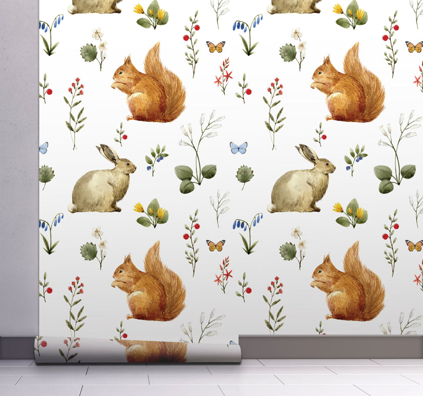 GW3022 Woodland Squirrel & Rabbit Peel and Stick Wallpaper Roll 19 inch Wide x 18 ft. Long, Beige White Gray