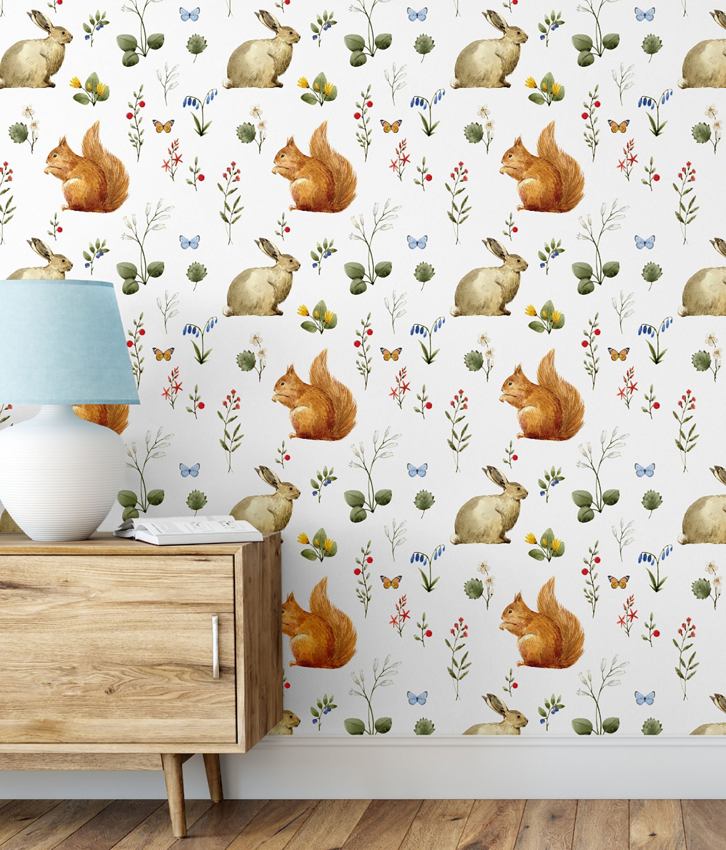 GW3022 Grace & Gardenia Woodland Squirrel & Rabbit Peel and Stick Wallpaper Roll 20.5 inch Wide x 18 ft. Long, Beige/White/Gray