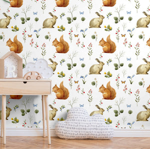 GW3022 Woodland Squirrel & Rabbit Peel and Stick Wallpaper Roll 19 inch Wide x 18 ft. Long, Beige White Gray