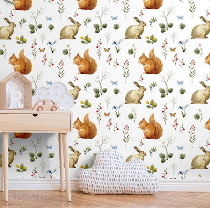 GW3022 Woodland Squirrel & Rabbit Peel and Stick Wallpaper Roll 19 inch Wide x 18 ft. Long, Beige White Gray