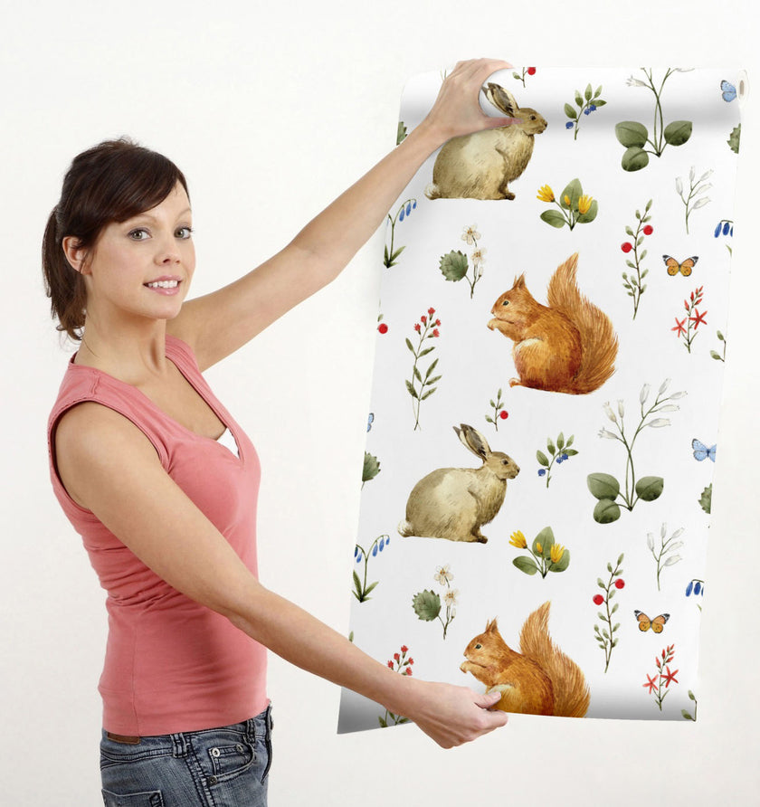 GW3022 Woodland Squirrel & Rabbit Peel and Stick Wallpaper Roll 19 inch Wide x 18 ft. Long, Beige White Gray