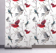 GW3041 Grace & Gardenia Watercolor Birds Magnolia Forest Peel and Stick Wallpaper Roll 20.5 inch Wide x 18 ft. Long, Red Blue Gray