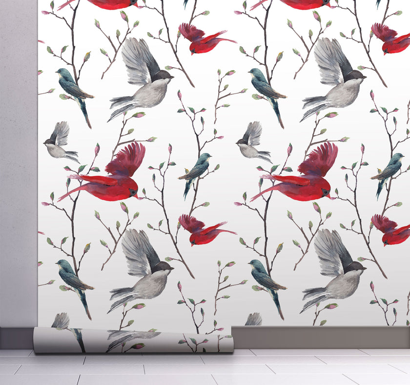 GW3041 Watercolor Birds Magnolia Forest Peel and Stick Wallpaper Roll 19 inch Wide x 18 ft. Long Red Blue Gray