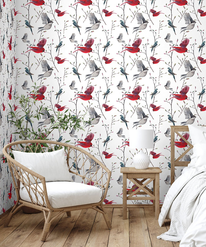 GW3041 Watercolor Birds Magnolia Forest Peel and Stick Wallpaper Roll 19 inch Wide x 18 ft. Long Red Blue Gray